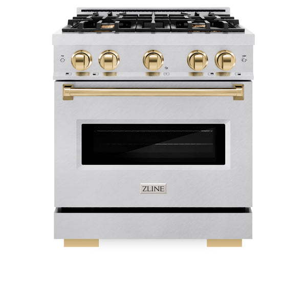 ZLINE Autograph Edition 30 in. 4.2 cu. ft. Classic Gas Range with 4 Burner Cooktop and Convection Gas Oven in DuraSnow® Stainless Steel and Polished Gold Accents (CGRSZ-30-G)