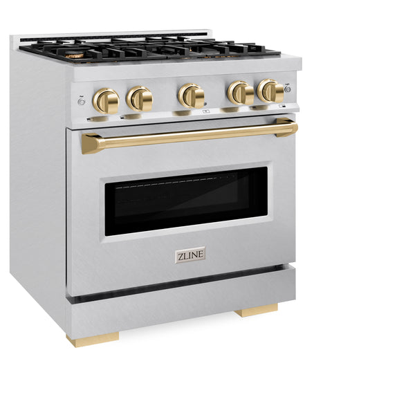 ZLINE Autograph Edition 30 in. 4.2 cu. ft. Classic Gas Range with 4 Burner Cooktop and Convection Gas Oven in DuraSnow® Stainless Steel and Polished Gold Accents (CGRSZ-30-G)