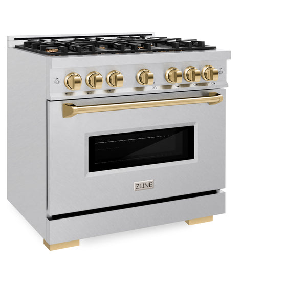 ZLINE Autograph Edition 36 in. 5.2 cu. ft. Classic Gas Range with 6 Burner Cooktop and Convection Gas Oven in DuraSnow® Stainless Steel and Polished Gold Accents (CGRSZ-36-G)