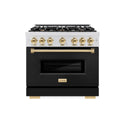ZLINE Autograph Edition 36 in. 5.2 cu. ft. Classic Gas Range with 6 Burner Cooktop and Convection Gas Oven in Satin Stainless Steel with Black Matte Door and Polished Gold Accents (CGRSZ-BLM-36-G)