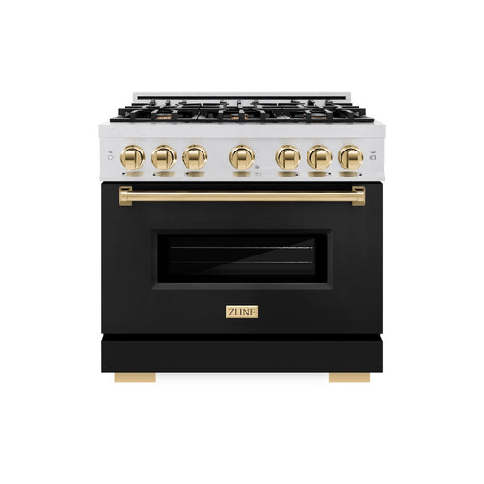 ZLINE Autograph Edition 36 in. 5.2 cu. ft. Classic Gas Range with 6 Burner Cooktop and Convection Gas Oven in Satin Stainless Steel with Black Matte Door and Polished Gold Accents (CGRSZ-BLM-36-G)