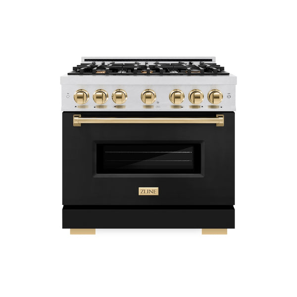ZLINE Autograph Edition 36 in. 5.2 cu. ft. Classic Gas Range with 6 Burner Cooktop and Convection Gas Oven in Satin Stainless Steel with Black Matte Door and Polished Gold Accents (CGRSZ-BLM-36-G)