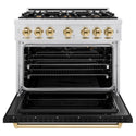 ZLINE Autograph Edition 36 in. 5.2 cu. ft. Classic Gas Range with 6 Burner Cooktop and Convection Gas Oven in Satin Stainless Steel with Black Matte Door and Polished Gold Accents (CGRSZ-BLM-36-G)