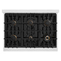 ZLINE Autograph Edition 36 in. 5.2 cu. ft. Classic Gas Range with 6 Burner Cooktop and Convection Gas Oven in Satin Stainless Steel with Black Matte Door and Polished Gold Accents (CGRSZ-BLM-36-G)