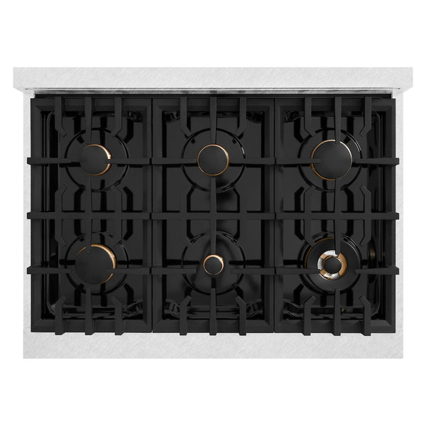ZLINE Autograph Edition 36 in. 5.2 cu. ft. Classic Gas Range with 6 Burner Cooktop and Convection Gas Oven in Satin Stainless Steel with Black Matte Door and Polished Gold Accents (CGRSZ-BLM-36-G)