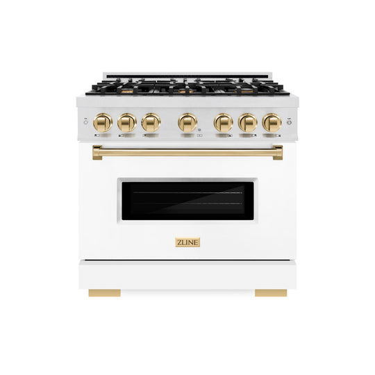 ZLINE Autograph Edition 36 in. 5.2 cu. ft. Classic Gas Range with 6 Burner Cooktop and Convection Gas Oven in Satin Stainless Steel with White Matte Door and Polished Gold Accents (CGRSZ-WM-36-G)