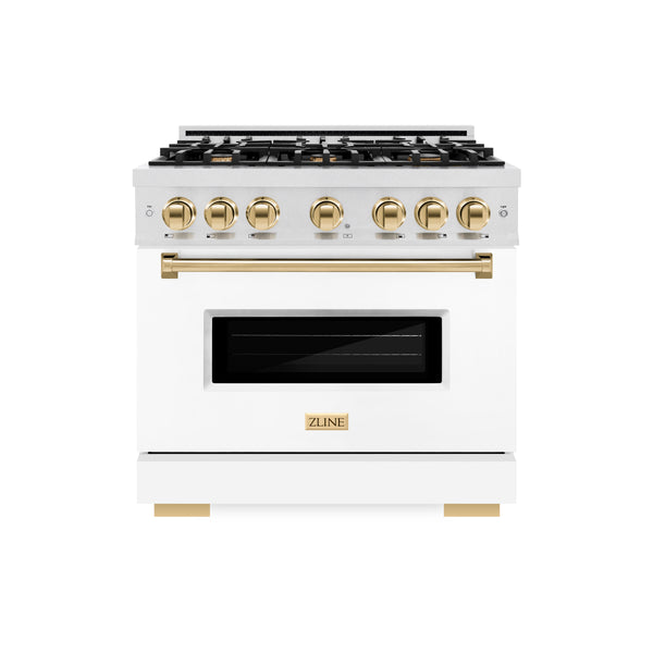 ZLINE Autograph Edition 36 in. 5.2 cu. ft. Classic Gas Range with 6 Burner Cooktop and Convection Gas Oven in DuraSnow® Stainless Steel with White Matte Door and Polished Gold Accents (CGRSZ-WM-36-G)