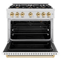 ZLINE Autograph Edition 36 in. 5.2 cu. ft. Classic Gas Range with 6 Burner Cooktop and Convection Gas Oven in DuraSnow® Stainless Steel with White Matte Door and Polished Gold Accents (CGRSZ-WM-36-G)