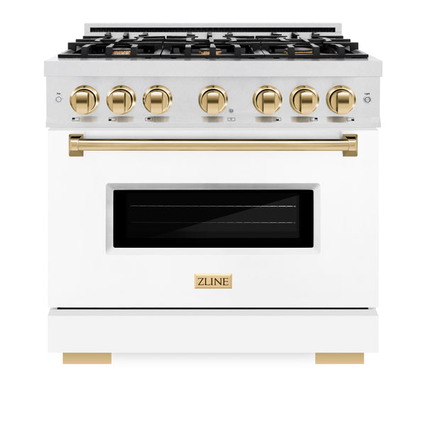 ZLINE Autograph Edition 36 in. 5.2 cu. ft. Classic Gas Range with 6 Burner Cooktop and Convection Gas Oven in DuraSnow® Stainless Steel with White Matte Door and Polished Gold Accents (CGRSZ-WM-36-G)