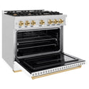 ZLINE Autograph Edition 36 in. 5.2 cu. ft. Classic Gas Range with 6 Burner Cooktop and Convection Gas Oven in DuraSnow® Stainless Steel with White Matte Door and Polished Gold Accents (CGRSZ-WM-36-G)