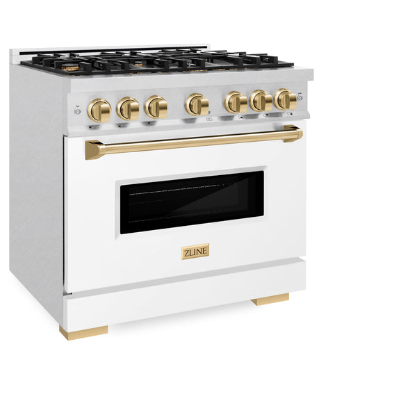 ZLINE Autograph Edition 36 in. 5.2 cu. ft. Classic Gas Range with 6 Burner Cooktop and Convection Gas Oven in DuraSnow® Stainless Steel with White Matte Door and Polished Gold Accents (CGRSZ-WM-36-G)