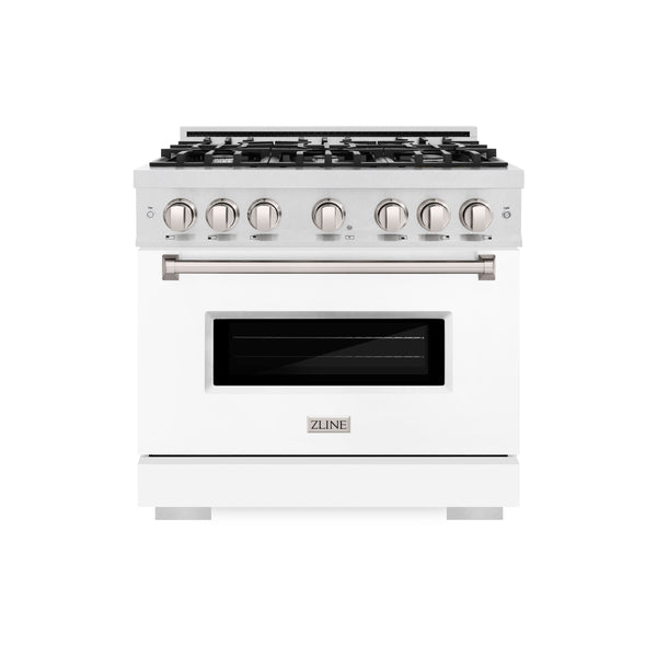 ZLINE 36 in. 5.2 cu. ft. Classic Gas Range with 6 Burner Cooktop and Convection Gas Oven in DuraSnow® Stainless Steel with White Matte Door (CGRS-WM-36)