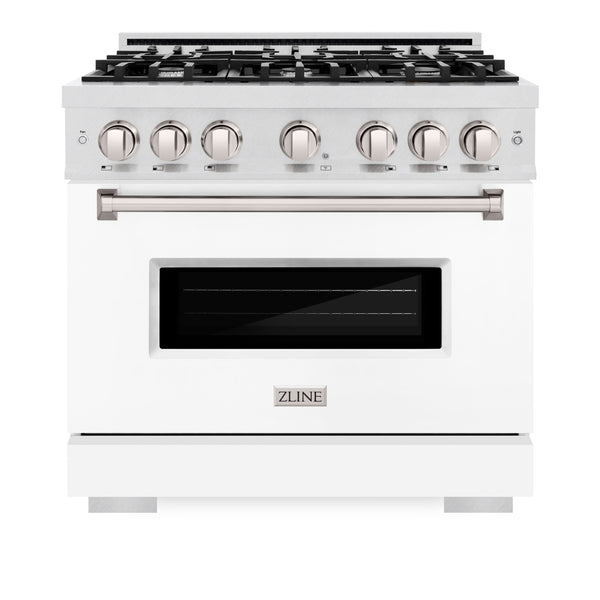 ZLINE 36 in. 5.2 cu. ft. Classic Gas Range with 6 Burner Cooktop and Convection Gas Oven in DuraSnow® Stainless Steel with White Matte Door (CGRS-WM-36)