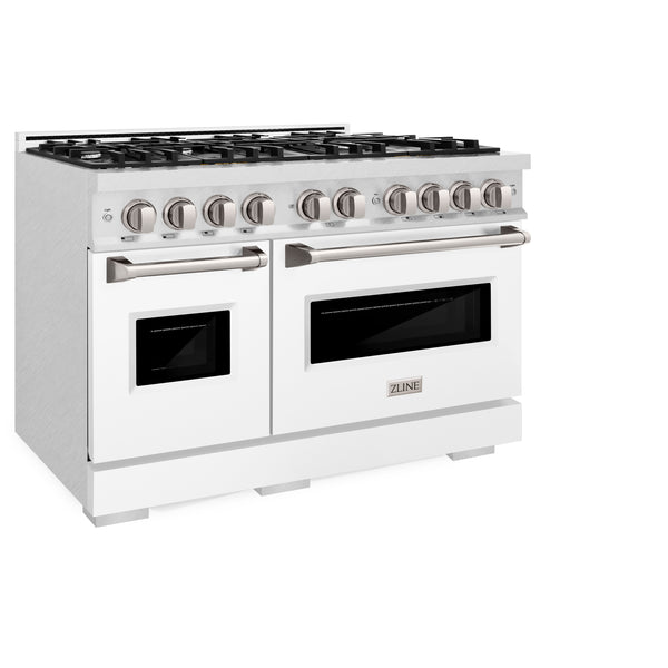 ZLINE 48 in. 6.7 cu. ft. Classic Double Oven Gas Range with 8 Burner Cooktop in DuraSnow® Stainless Steel with White Matte Doors (CGRS-WM-48)