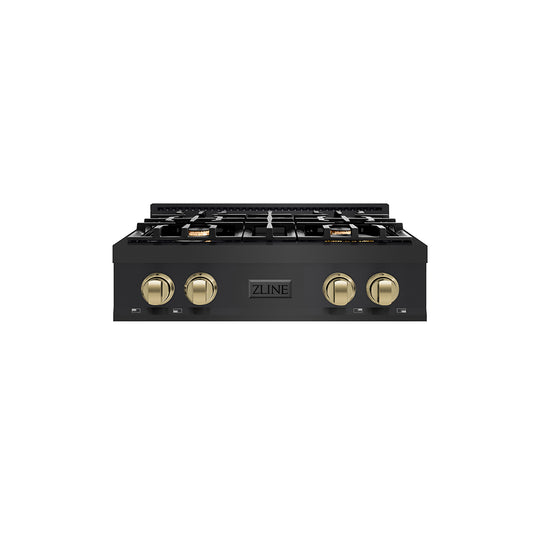 ZLINE Autograph Edition 30 in. Legacy Gas Rangetop with 4 Burners and Porcelain Cooktop in Black Stainless Steel with Champagne Bronze Accents (RTBZ-30-CB)