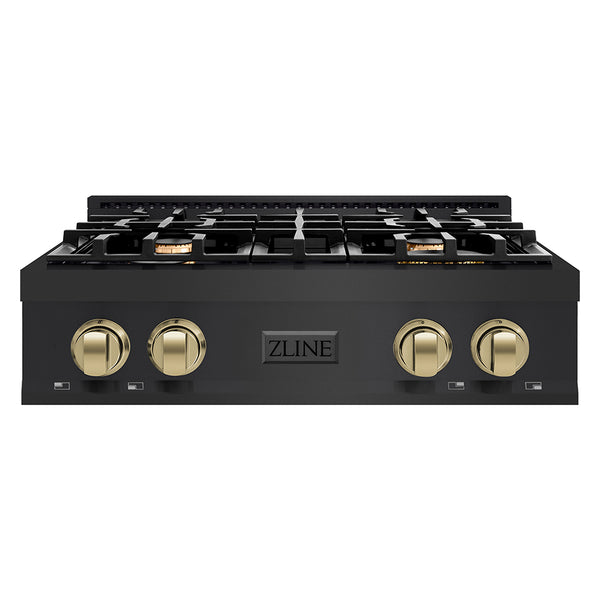 ZLINE Autograph Edition 30 in. Legacy Gas Rangetop with 4 Burners and Porcelain Cooktop in Black Stainless Steel with Champagne Bronze Accents (RTBZ-30-CB)