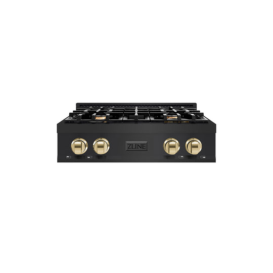 ZLINE Autograph Edition 30 in. Classic Gas Rangetop with 4 Burners and Porcelain Cooktop in Black Stainless Steel with Polished Gold Accents (RTBZ-30-G)