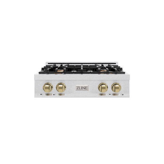 ZLINE Autograph Edition 30 in. Legacy Gas Rangetop with 4 Burners and Porcelain Cooktop in Satin Stainless Steel with Champagne Bronze Accents (RTSZ-30-CB)
