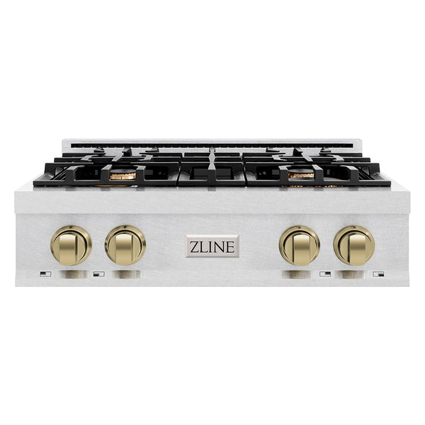 ZLINE Autograph Edition 30 in. Legacy Gas Rangetop with 4 Burners and Porcelain Cooktop in Satin Stainless Steel with Champagne Bronze Accents (RTSZ-30-CB)