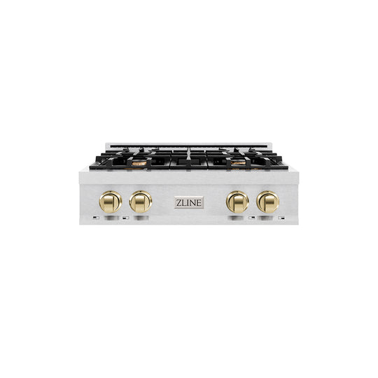 ZLINE Autograph Edition 30 in. Classic Gas Rangetop with 4 Burners and Porcelain Cooktop in Satin Stainless Steel with Polished Gold Accents (RTSZ-30-G)