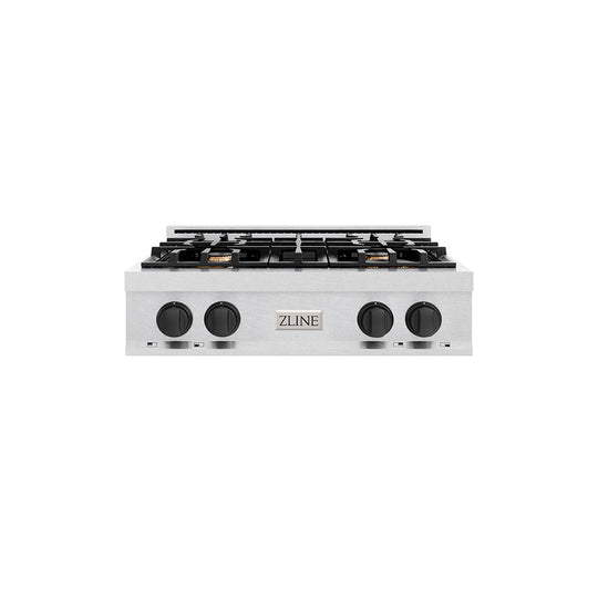 ZLINE Autograph Edition 30 in. Classic Gas Rangetop with 4 Burners and Porcelain Cooktop in Satin Stainless Steel with Matte Black Accents (RTSZ-30-MB)