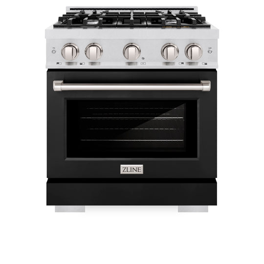 ZLINE 30 in. 4.2 cu. ft. Select Dual Fuel Range with 4 Burner Gas Cooktop and Electric Convection Oven in Satin Stainless Steel with Black Matte Door (HDRS-BLM-30)