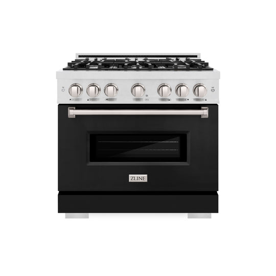 ZLINE 36 in. 5.2 cu. ft. Classic Dual Fuel Range with 6 Burner Gas Cooktop and Electric Convection Oven in Satin Stainless Steel with Black Matte Door (CDRS-BLM-36)
