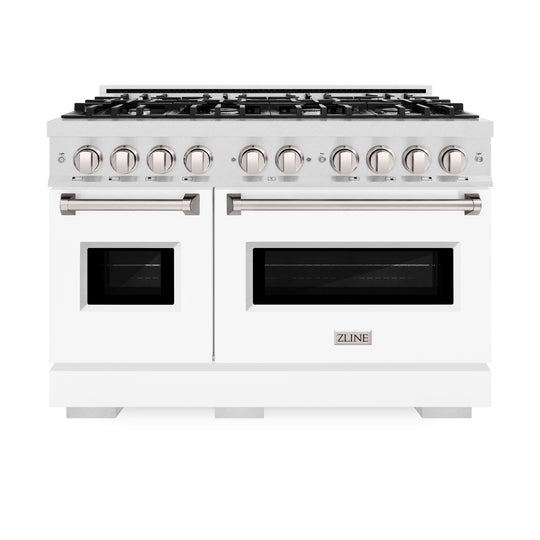 ZLINE 48 in. 6.7 cu. ft. Classic Double Oven Dual Fuel Range with 8 Burner Gas Cooktop in Satin Stainless Steel with White Matte Doors (CDRS-WM-48)