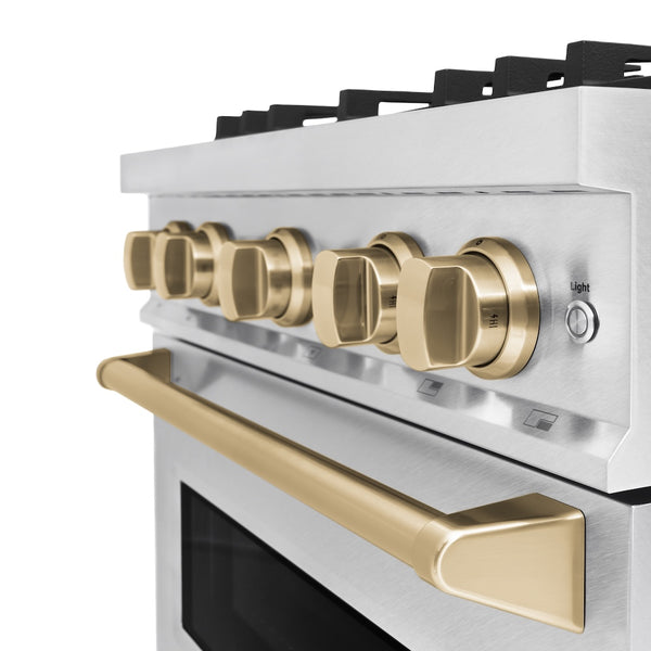 ZLINE Autograph Edition 30 in. 4.2 cu. ft. Classic Dual Fuel Range with 4 Burner Gas Cooktop and Electric Convection Oven in Satin Stainless Steel with Champagne Bronze Accents, Open Box-Great Condition