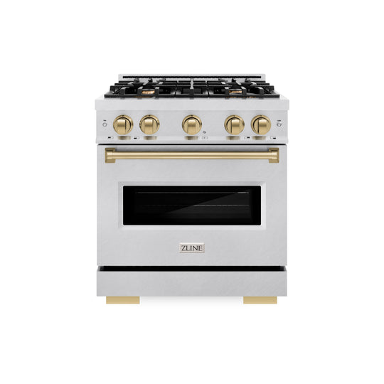ZLINE Autograph Edition 30 in. 4.2 cu. ft. Classic Dual Fuel Range with 4 Burner Gas Cooktop and Electric Convection Oven in Satin Stainless Steel with Champagne Bronze Accents (CDRSZ-30-CB)