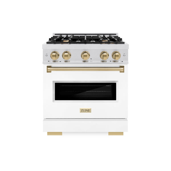 ZLINE Autograph Edition 30 in. 4.2 cu. ft. Classic Dual Fuel Range with 4 Burner Gas Cooktop and Electric Convection Oven in Satin Stainless Steel with White Matte Door and Champagne Bronze Accents, Open Box-Great Condition