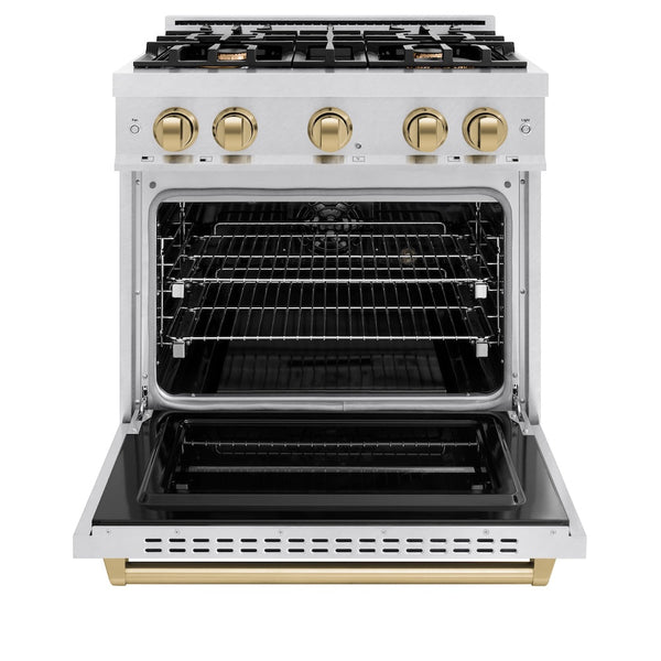 ZLINE Autograph Edition 30 in. 4.2 cu. ft. Classic Dual Fuel Range with 4 Burner Gas Cooktop and Electric Convection Oven in Satin Stainless Steel with Champagne Bronze Accents, Open Box-Good Condition