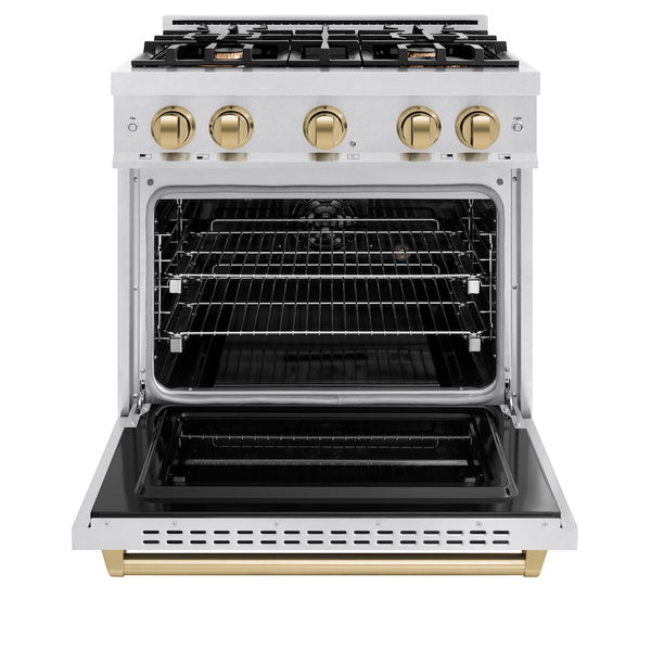 ZLINE Autograph Edition 30 in. 4.2 cu. ft. Classic Dual Fuel Range with 4 Burner Gas Cooktop and Electric Convection Oven in Satin Stainless Steel with Champagne Bronze Accents, Open Box-Great Condition
