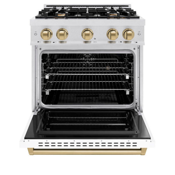 ZLINE Autograph Edition 30 in. 4.2 cu. ft. Classic Dual Fuel Range with 4 Burner Gas Cooktop and Electric Convection Oven in Satin Stainless Steel with White Matte Door and Champagne Bronze Accents, Open Box-Great Condition