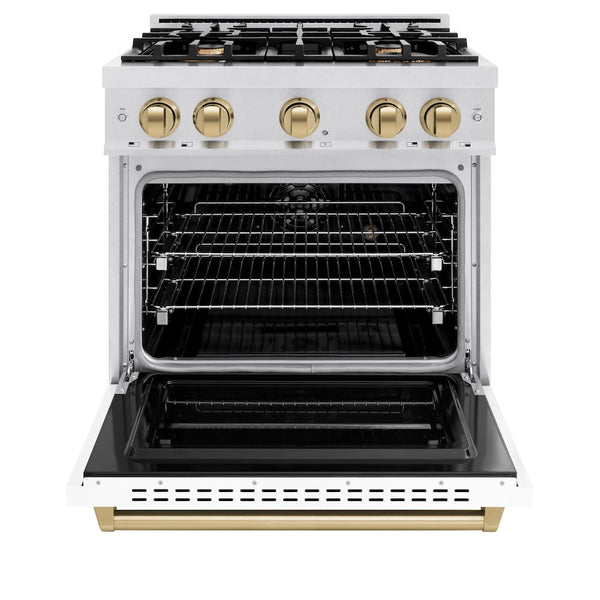 ZLINE Autograph Edition 30 in. 4.2 cu. ft. Classic Dual Fuel Range with 4 Burner Gas Cooktop and Electric Convection Oven in Satin Stainless Steel with White Matte Door and Champagne Bronze Accents, Open Box-Good Condition