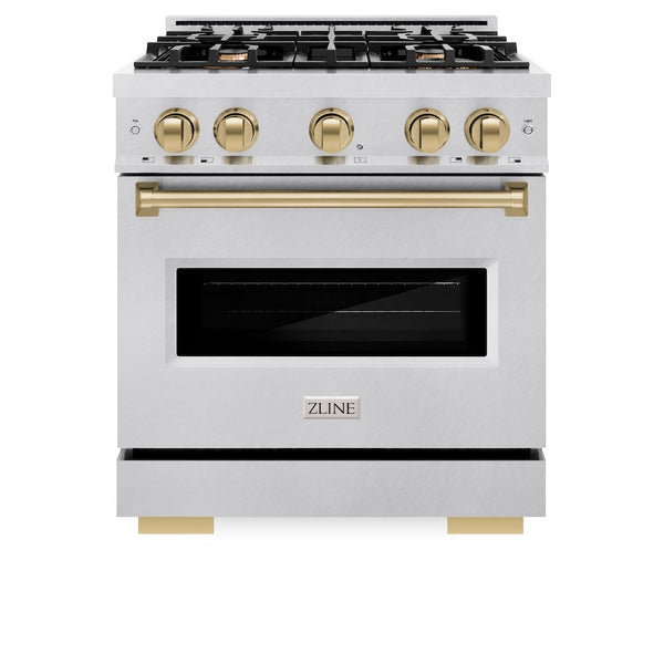 ZLINE Autograph Edition 30 in. 4.2 cu. ft. Classic Dual Fuel Range with 4 Burner Gas Cooktop and Electric Convection Oven in Satin Stainless Steel with Champagne Bronze Accents, Open Box-Good Condition