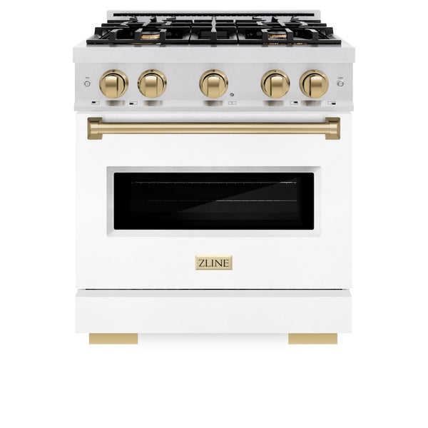 ZLINE Autograph Edition 30 in. 4.2 cu. ft. Classic Dual Fuel Range with 4 Burner Gas Cooktop and Electric Convection Oven in Satin Stainless Steel with White Matte Door and Champagne Bronze Accents, Open Box-Great Condition