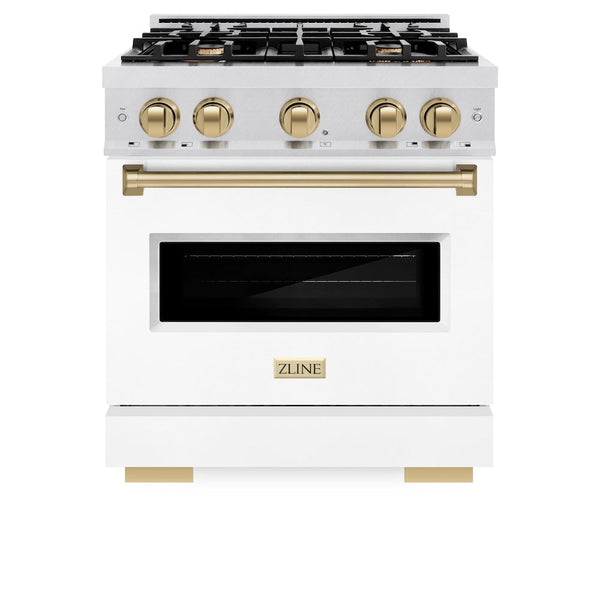 ZLINE Autograph Edition 30 in. 4.2 cu. ft. Classic Dual Fuel Range with 4 Burner Gas Cooktop and Electric Convection Oven in Satin Stainless Steel with White Matte Door and Champagne Bronze Accents, Open Box-Good Condition