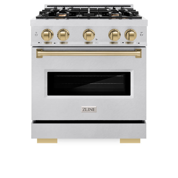 ZLINE Autograph Edition 30 in. 4.2 cu. ft. Classic Dual Fuel Range with 4 Burner Gas Cooktop and Electric Convection Oven in Satin Stainless Steel with Champagne Bronze Accents, Open Box-Great Condition