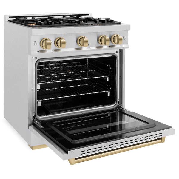 ZLINE Autograph Edition 30 in. 4.2 cu. ft. Classic Dual Fuel Range with 4 Burner Gas Cooktop and Electric Convection Oven in Satin Stainless Steel with Champagne Bronze Accents, Open Box-Great Condition