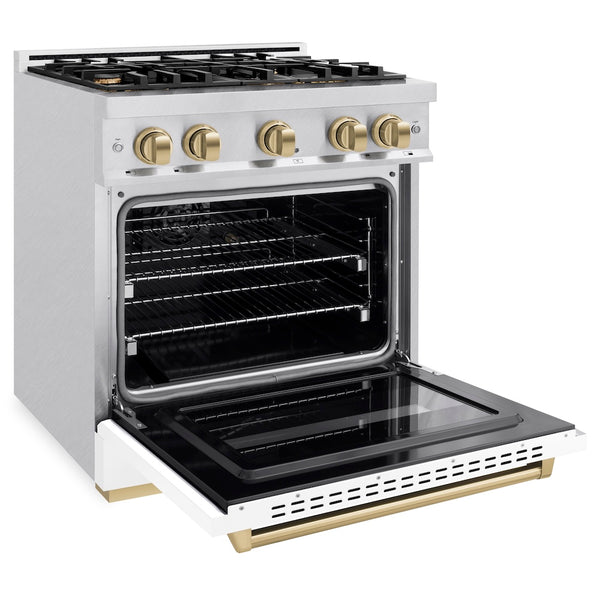 ZLINE Autograph Edition 30 in. 4.2 cu. ft. Classic Dual Fuel Range with 4 Burner Gas Cooktop and Electric Convection Oven in Satin Stainless Steel with White Matte Door and Champagne Bronze Accents, Open Box-Great Condition