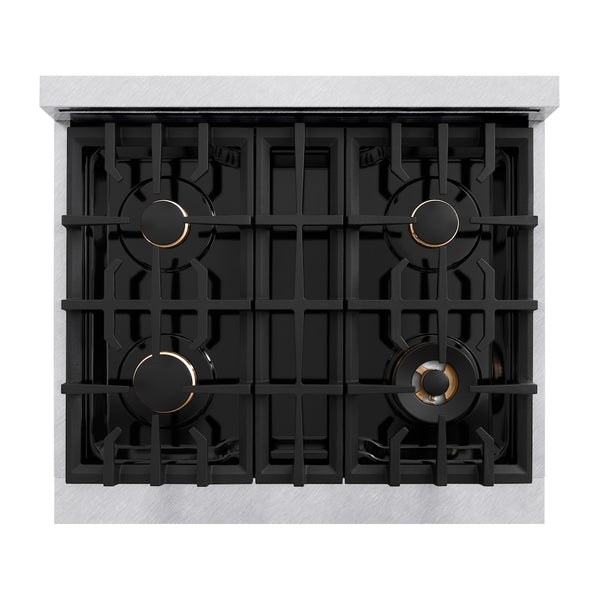 ZLINE Autograph Edition 30 in. 4.2 cu. ft. Classic Dual Fuel Range with 4 Burner Gas Cooktop and Electric Convection Oven in Satin Stainless Steel with White Matte Door and Champagne Bronze Accents, Open Box-Great Condition