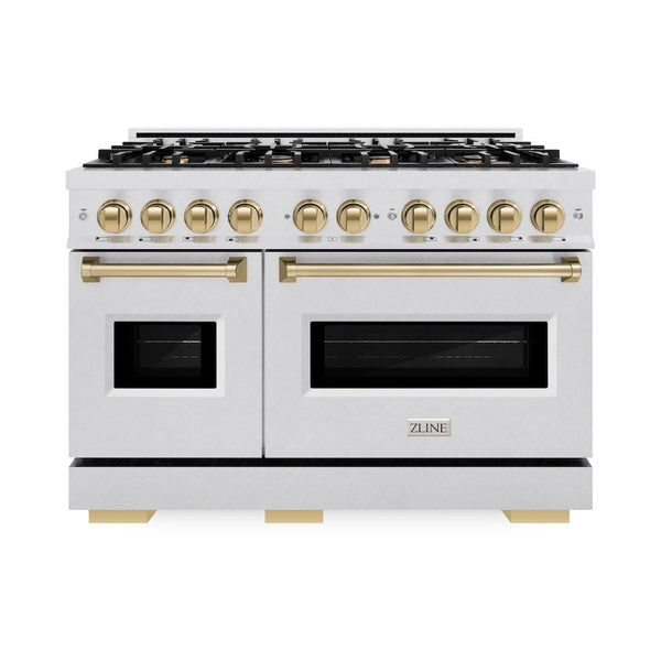 ZLINE Autograph Edition 48 in. 6.7 cu. ft. Classic Double Oven Dual Fuel Range with 8 Burner Gas Cooktop in Satin Stainless Steel and Champagne Bronze Accents, Open Box-Good Condition