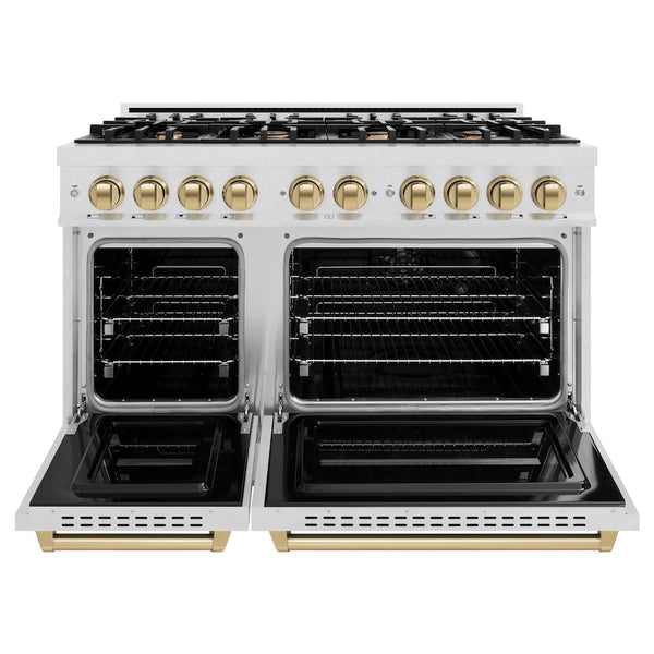 ZLINE Autograph Edition 48 in. 6.7 cu. ft. Classic Double Oven Dual Fuel Range with 8 Burner Gas Cooktop in Satin Stainless Steel and Champagne Bronze Accents, Open Box-Good Condition