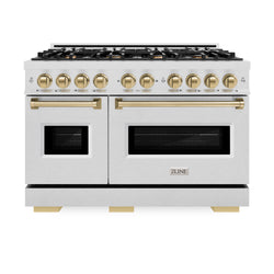 ZLINE Autograph Edition 48 in. 6.7 cu. ft. Classic Double Oven Dual Fuel Range with 8 Burner Gas Cooktop in Satin Stainless Steel and Champagne Bronze Accents (CDRSZ-48-CB)