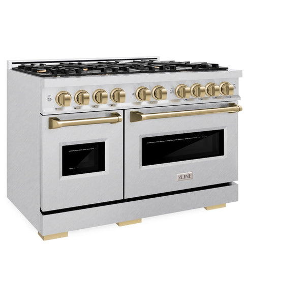 ZLINE Autograph Edition 48 in. 6.7 cu. ft. Classic Double Oven Dual Fuel Range with 8 Burner Gas Cooktop in Satin Stainless Steel and Champagne Bronze Accents, Open Box-Good Condition