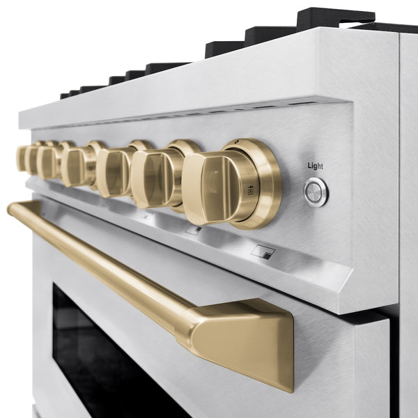 ZLINE Autograph Edition 36 in. 5.2 cu. ft. Classic Dual Fuel Range with 6 Burner Gas Cooktop and Electric Convection Oven in Satin Stainless Steel with Champagne Bronze Accents, Open Box-Great Condition