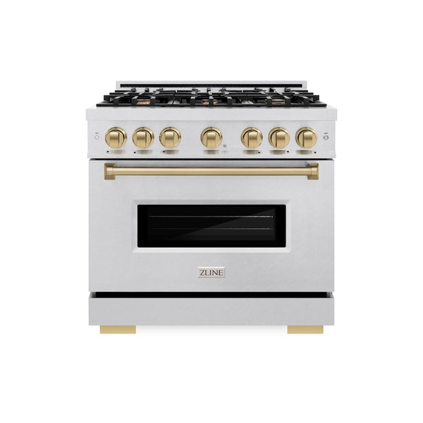 ZLINE Autograph Edition 36 in. 5.2 cu. ft. Classic Dual Fuel Range with 6 Burner Gas Cooktop and Electric Convection Oven in Satin Stainless Steel with Champagne Bronze Accents, Open Box-Great Condition