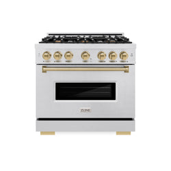 ZLINE Autograph Edition 36 in. 5.2 cu. ft. Classic Dual Fuel Range with 6 Burner Gas Cooktop and Electric Convection Oven in Satin Stainless Steel with Champagne Bronze Accents (CDRSZ-36-CB)