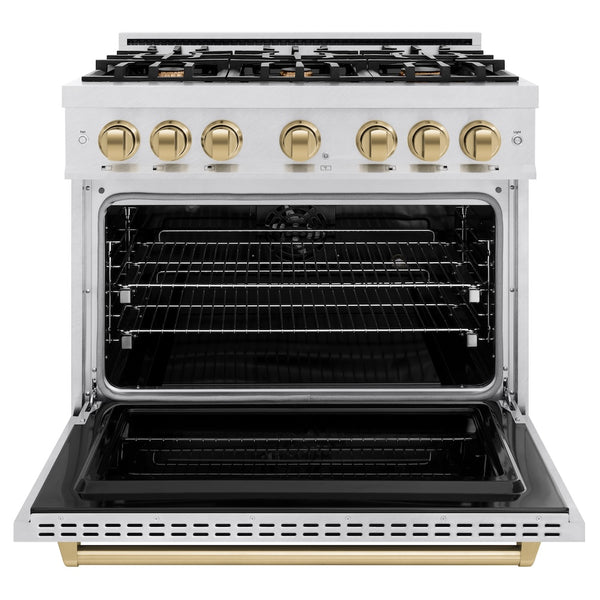 ZLINE Autograph Edition 36 in. 5.2 cu. ft. Classic Dual Fuel Range with 6 Burner Gas Cooktop and Electric Convection Oven in Satin Stainless Steel with Champagne Bronze Accents, Open Box-Great Condition